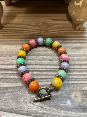 Colorful Stone Bead Bracelet with Brass Toggle